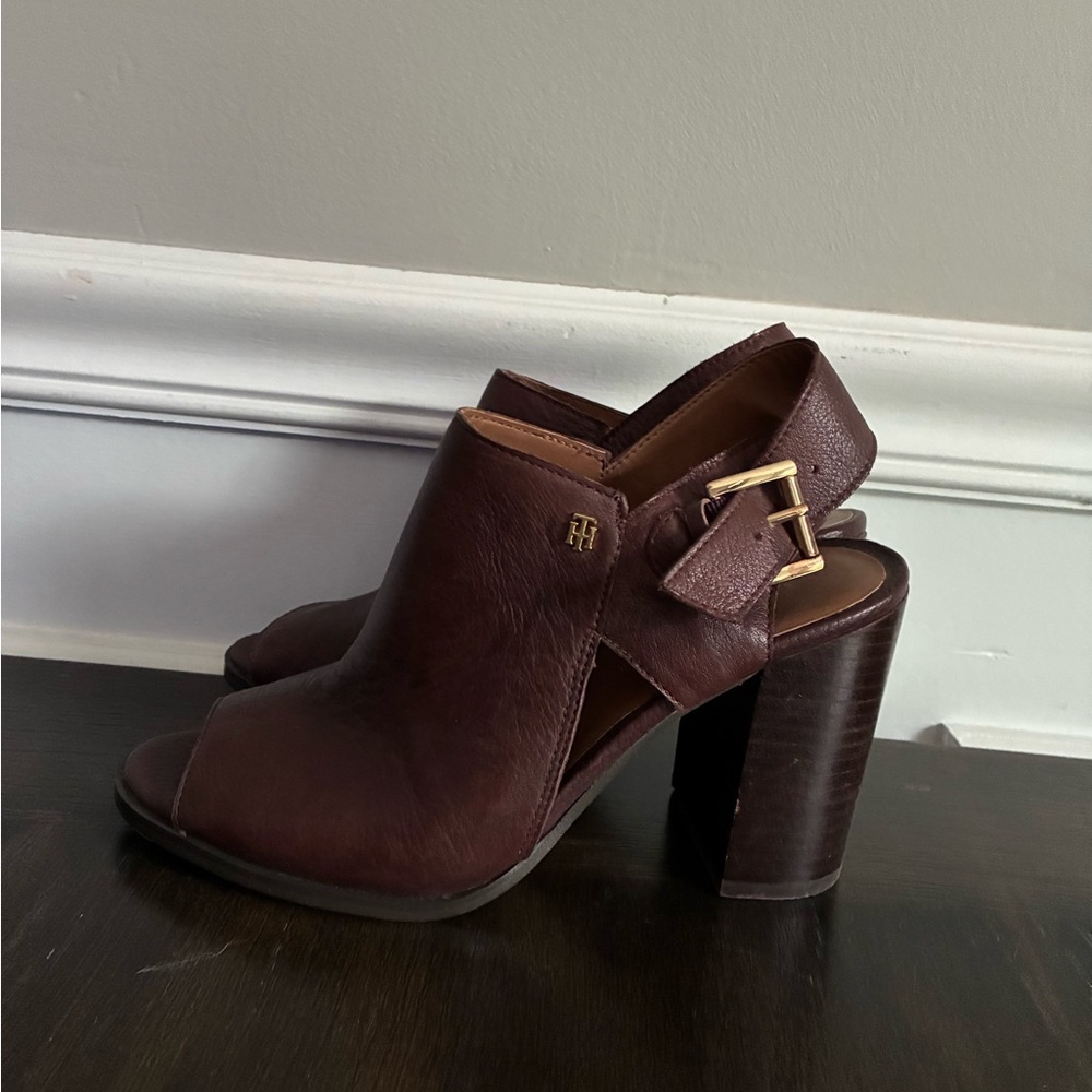 Tommy Hilfiger Brown Leather Heels with Chunky Block Heel